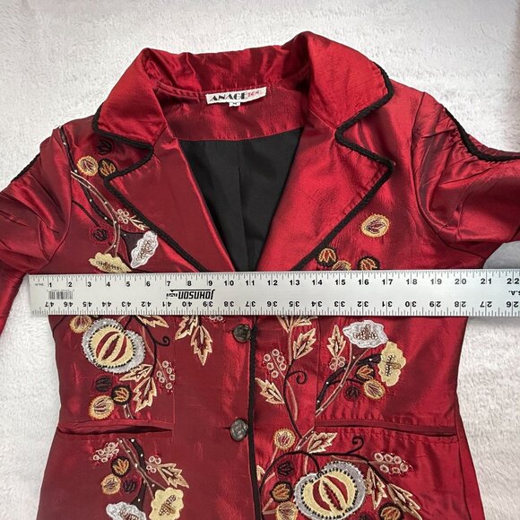 Anage Too Womens Red Silk Embroidered Blazer Jacket Medium Lined Two-Button - Picture 8 of 11